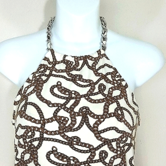 Michael Kors Top Tank halter grecian chain Backless ivory yellow Black Stretchy - Picture 3 of 9